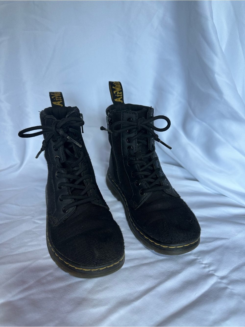 Kids Dr. Martens Black Lace-Up Canvas Combat Boots with Yellow Stitching